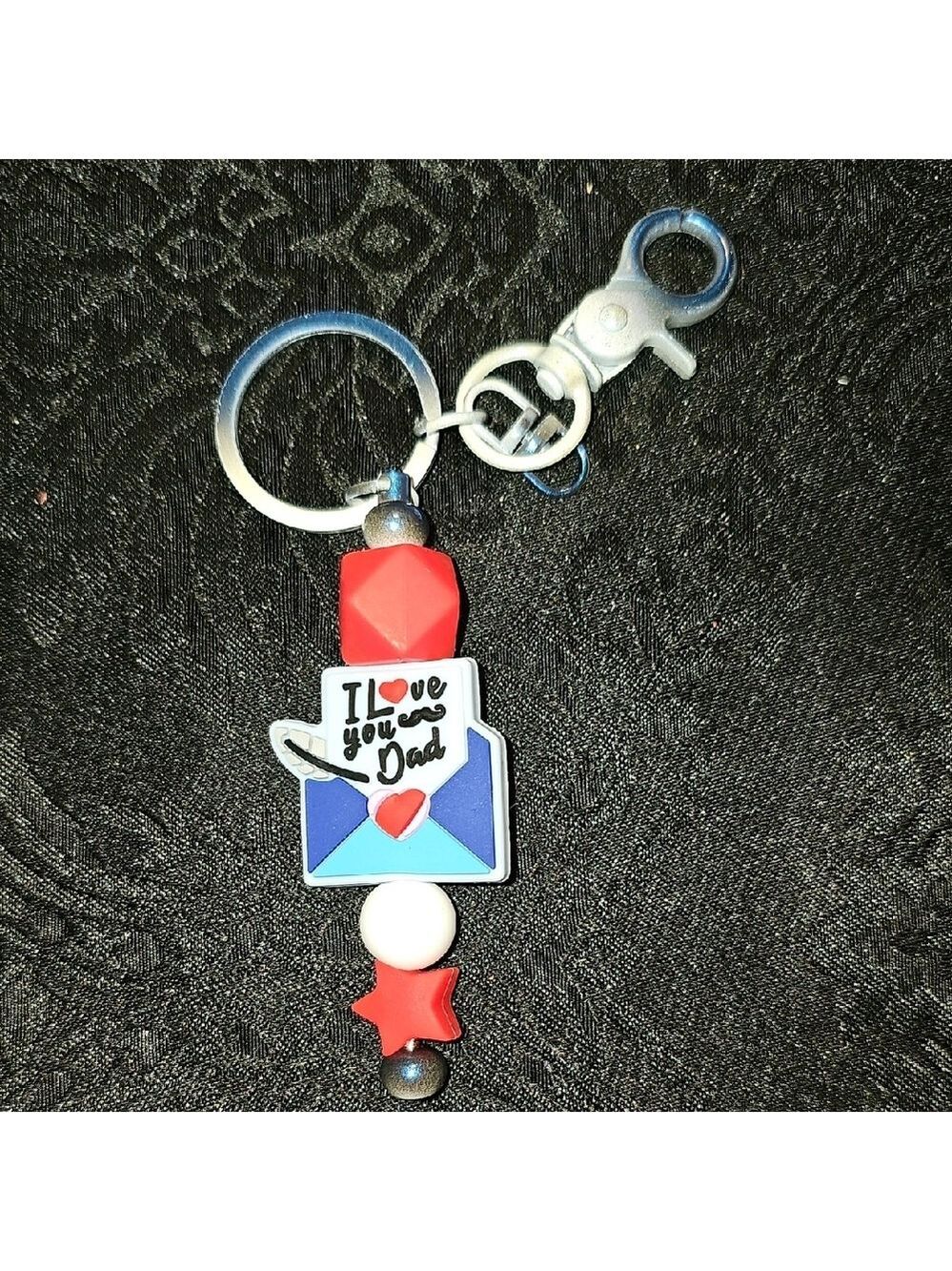 Handmade I Love You Dad Keychain with Red, Blue, and White Beads
